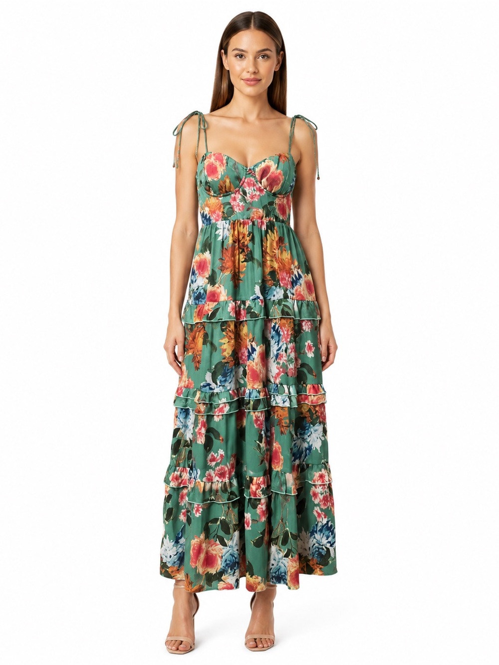 Harlyn Floral Bustier Tiered Ruffle Maxi Dress Sage Green Size S